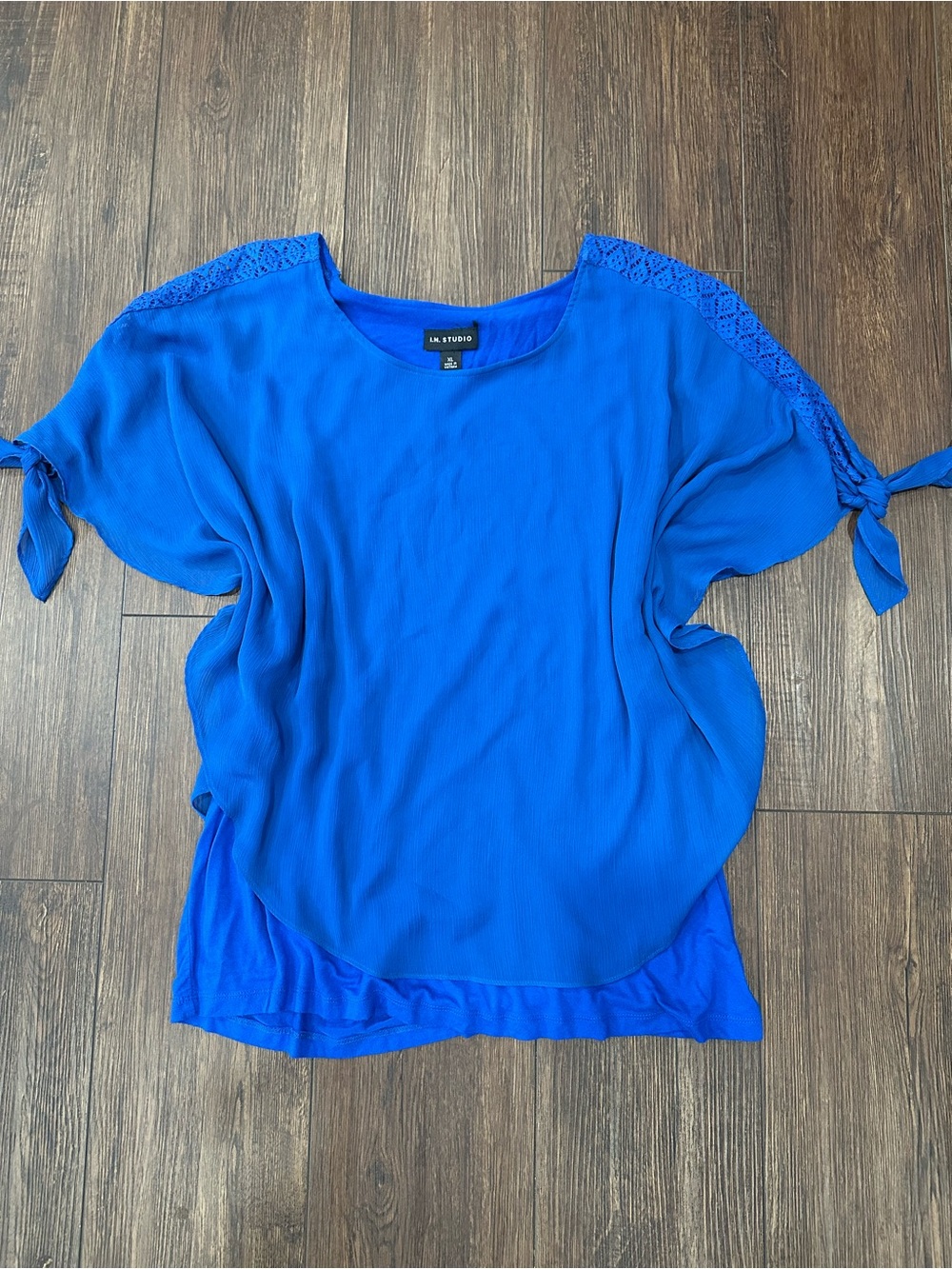 I.N. Studio Royal Blue Tie-Sleeve Lace Shoulder Blouse